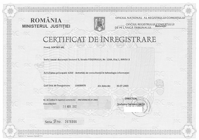 Certificat de înregistrare în Registrul Comerţului